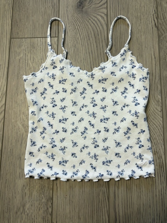 Hollister Tops - Hollister White Ribbed Tank Top with Blue Floral Print